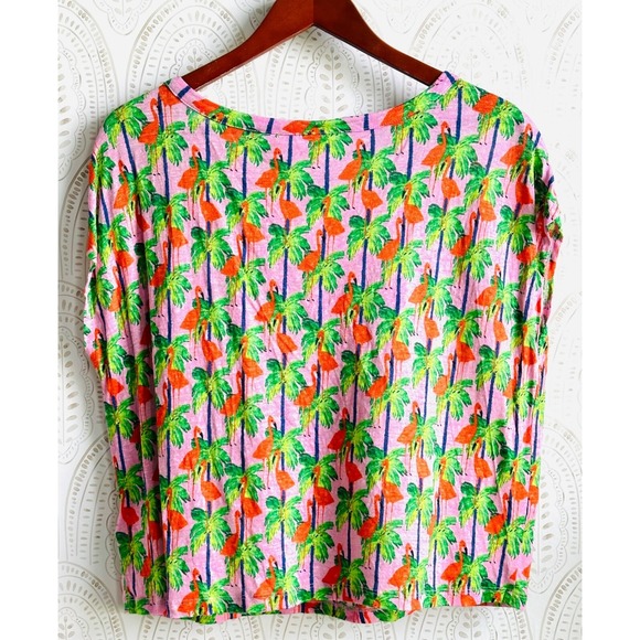 BOUFFANTS + BROKEN HEARTS Womens L Pink Flamingo & Palm Tree Linen Boxy Crop Tee - Picture 4 of 10